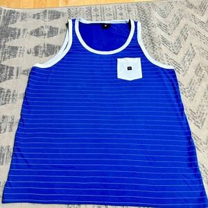 Men’s blue with white pin stripe DC tank.